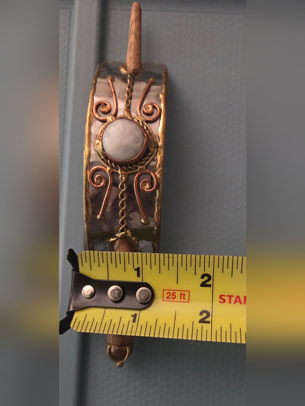 Moonstone Hairclip With Copper, Brass & Stainless Trio, Handcarved & Forged - Picture 6 of 7